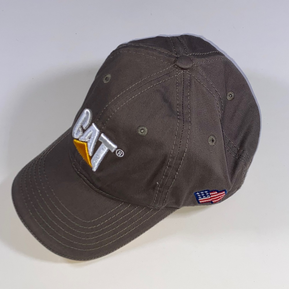 Caterpillar CAT Brown Adjustable Baseball Cap Hat Stowers American Flag Patch